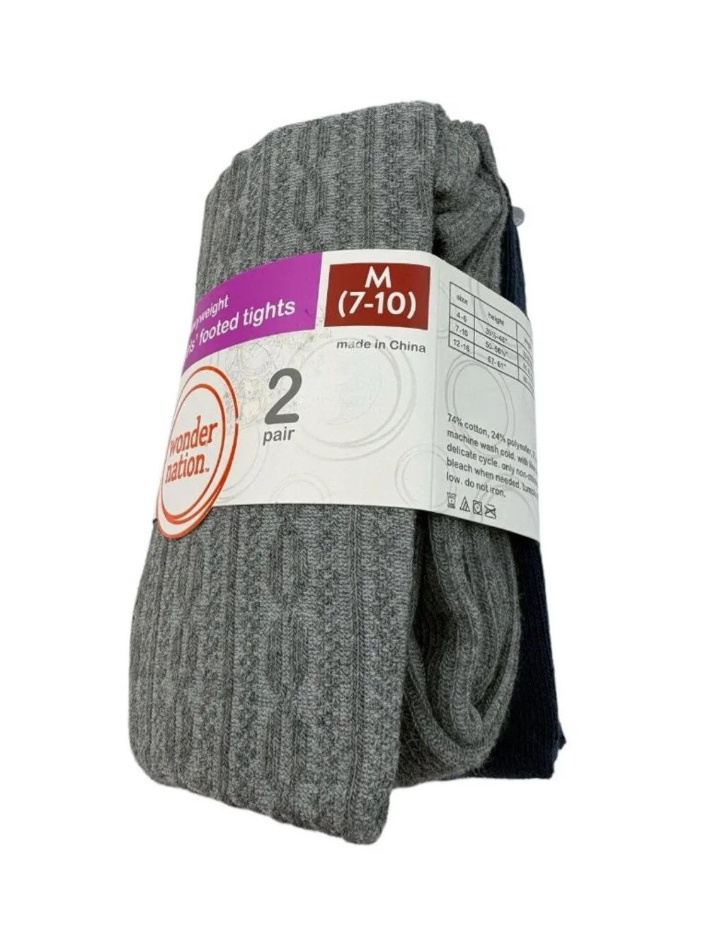 NWT Wonder Nation Girls Footed Tights Heavyweight Size M (7-10) 2 Pair Gray Blue